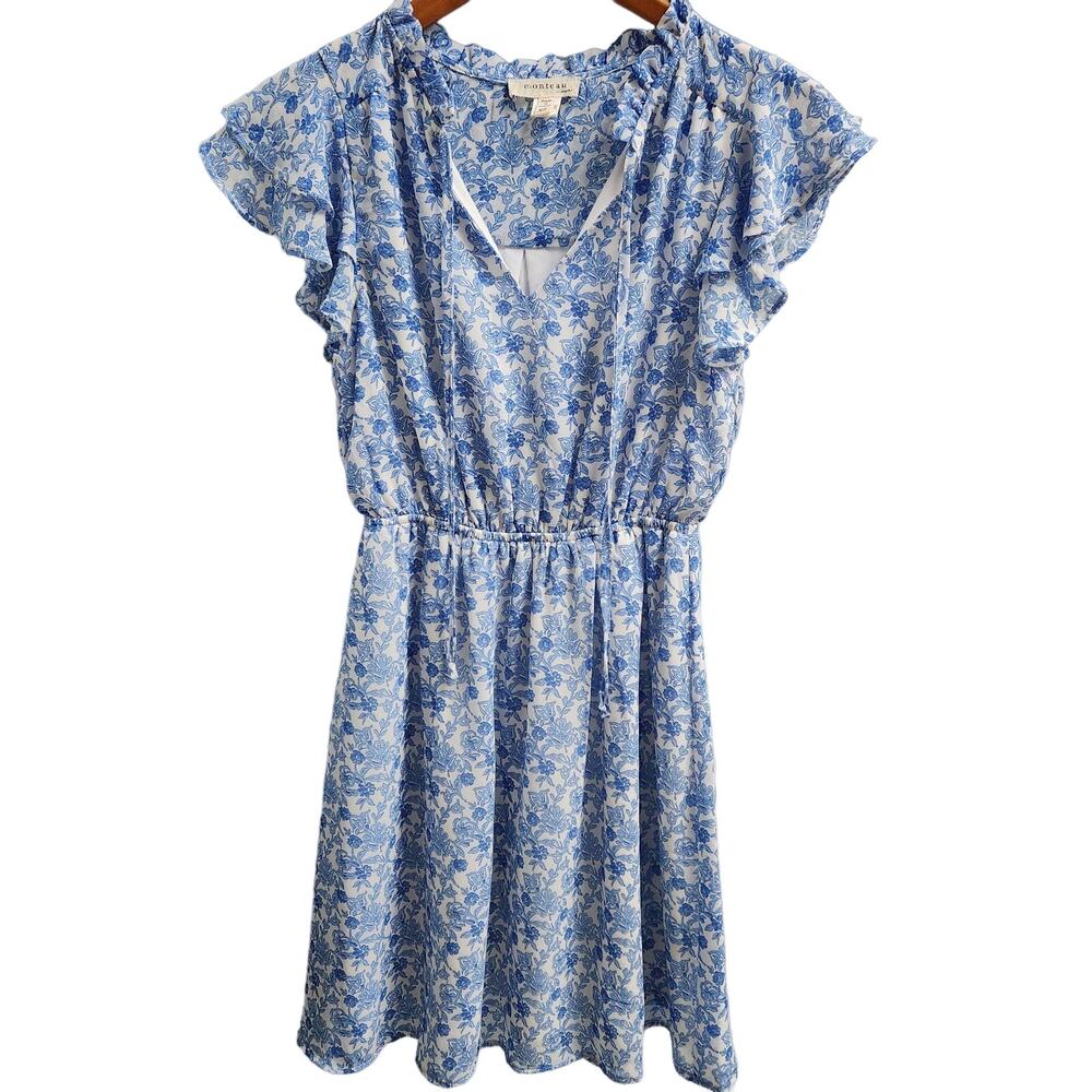Monteau Blue Floral Print Flutter Sleeve Vneck Dress